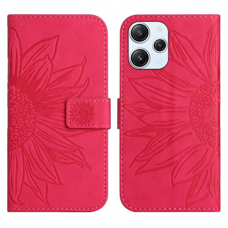 For Xiaomi Redmi 12 4G Global Skin Feel Sun Flower Embossed Flip Leather Phone Case with Lanyard(Rose Red) - Xiaomi Cases by buy2fix | Online Shopping UK | buy2fix