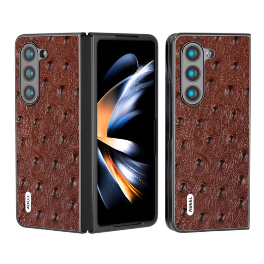 For Samsung Galaxy Z Fold5 ABEEL Genuine Leather Ostrich Texture Phone Case(Coffee) - Galaxy Z Fold5 Cases by buy2fix | Online Shopping UK | buy2fix