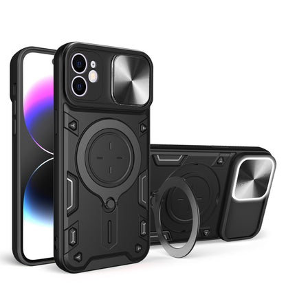 For iPhone 12 CD Texture Sliding Camshield Magnetic Holder Phone Case(Black) - iPhone 12 / 12 Pro Cases by buy2fix | Online Shopping UK | buy2fix