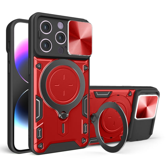 For iPhone 14 Plus CD Texture Sliding Camshield Magnetic Holder Phone Case(Red) - iPhone 14 Plus Cases by buy2fix | Online Shopping UK | buy2fix