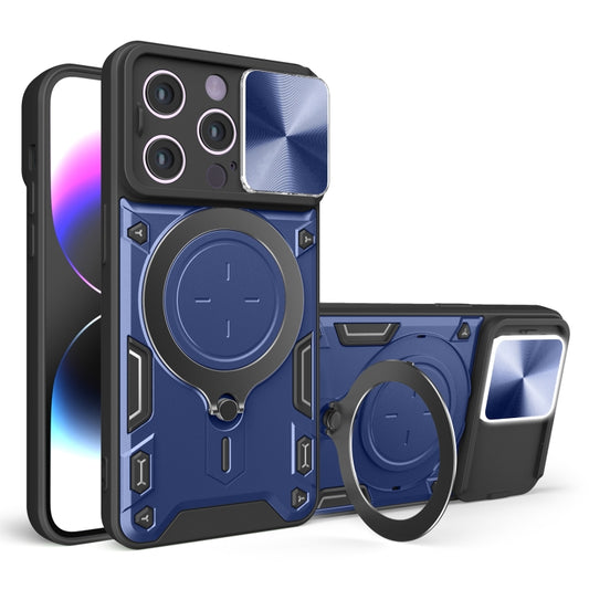 For iPhone 14 Plus CD Texture Sliding Camshield Magnetic Holder Phone Case(Blue) - iPhone 14 Plus Cases by buy2fix | Online Shopping UK | buy2fix