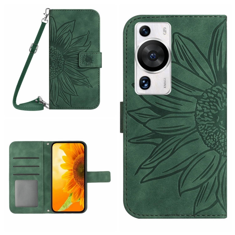 For Huawei P60 Pro Skin Feel Sun Flower Embossed Flip Leather Phone Case with Lanyard(Green) - Huawei Cases by buy2fix | Online Shopping UK | buy2fix