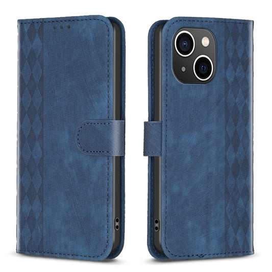For iPhone 14 Plaid Embossed Leather Phone Case(Blue) - iPhone 14 Cases by buy2fix | Online Shopping UK | buy2fix
