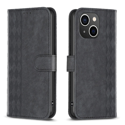 For iPhone 14 Plus Plaid Embossed Leather Phone Case(Black) - iPhone 14 Plus Cases by buy2fix | Online Shopping UK | buy2fix