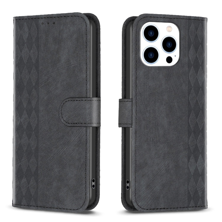 For iPhone 15 Pro Plaid Embossed Leather Phone Case(Black) - iPhone 15 Pro Cases by buy2fix | Online Shopping UK | buy2fix