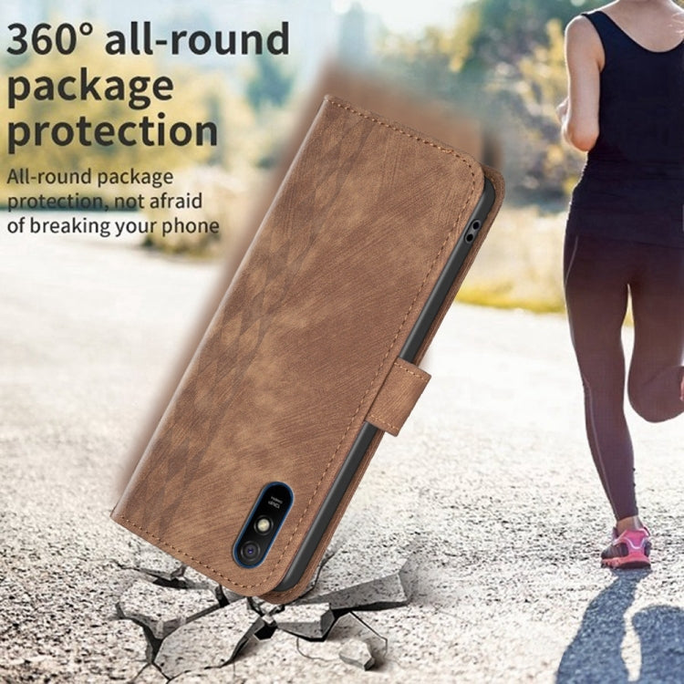 For Xiaomi Redmi 9A Plaid Embossed Leather Phone Case(Brown) - Xiaomi Cases by buy2fix | Online Shopping UK | buy2fix