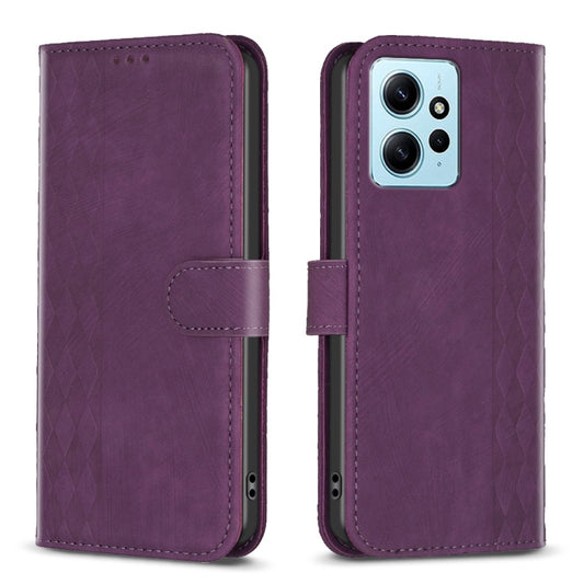 For Xiaomi Redmi Note 12 4G Global Plaid Embossed Leather Phone Case(Purple) - Note 12 Cases by buy2fix | Online Shopping UK | buy2fix