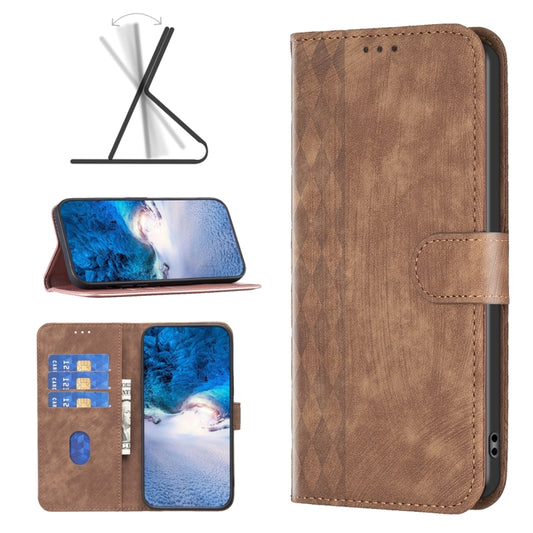 For Xiaomi Poco F5 5G / Redmi Note 12 Turbo Plaid Embossed Leather Phone Case(Brown) - Xiaomi Cases by buy2fix | Online Shopping UK | buy2fix