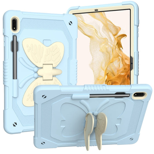 For Samsung Galaxy Tab S8+ / S7+ Butterfly Kickstand Heavy Duty Hard Rugged Tablet Case(Beige+Ice Blue) - Galaxy Tab S8+ Cases by buy2fix | Online Shopping UK | buy2fix