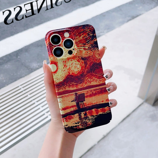For iPhone 14 Plus Precise Hole Oil Painting Pattern PC Phone Case(Sunset) - iPhone 14 Plus Cases by buy2fix | Online Shopping UK | buy2fix
