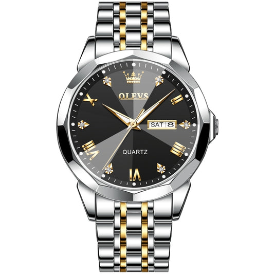 OLEVS 9931 Men Luminous Waterproof Quartz Watch(Black + Gold) - Metal Strap Watches by OLEVS | Online Shopping UK | buy2fix