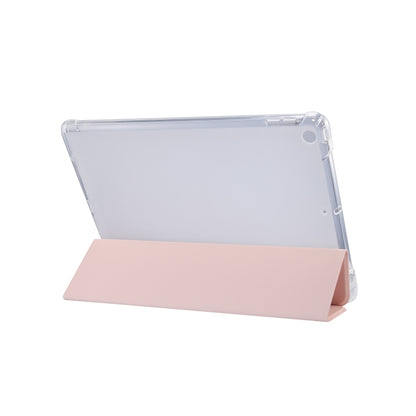 For iPad 10.2 2021 / 2020 / 2019 3-folding Electric Pressed Skin Texture Horizontal Flip Shockproof Transparent TPU + PU Leather Case with Holder & Pen Slot & Sleep / Wake-up Function(Light Pink) - Apple Accessories by buy2fix | Online Shopping UK | buy2fix