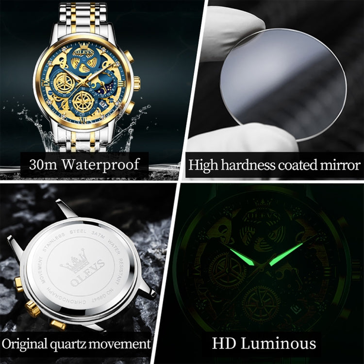 OLEVS 9947 Men Multifunctional Hollow Waterproof Quartz Watch(Blue + Gold) - Metal Strap Watches by OLEVS | Online Shopping UK | buy2fix