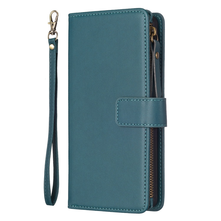 For iPhone 14 Plus 9 Card Slots Zipper Wallet Leather Flip Phone Case(Green) - iPhone 14 Plus Cases by buy2fix | Online Shopping UK | buy2fix