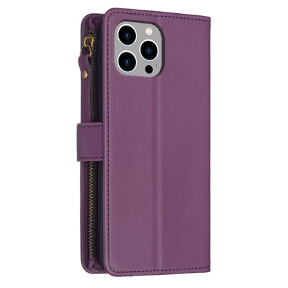 For iPhone 14 Pro 9 Card Slots Zipper Wallet Leather Flip Phone Case(Dark Purple) - iPhone 14 Pro Cases by buy2fix | Online Shopping UK | buy2fix