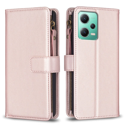 For Xiaomi Redmi Note 12 5G 9 Card Slots Zipper Wallet Leather Flip Phone Case(Rose Gold) - Note 12 Cases by buy2fix | Online Shopping UK | buy2fix