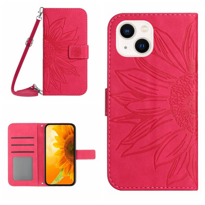 For iPhone 15 Skin Feel Sun Flower Embossed Flip Leather Phone Case with Lanyard(Rose Red) - iPhone 15 Cases by buy2fix | Online Shopping UK | buy2fix