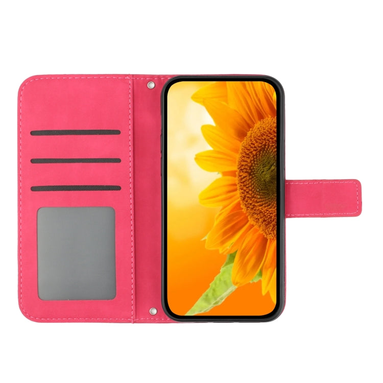 For iPhone 15 Skin Feel Sun Flower Embossed Flip Leather Phone Case with Lanyard(Rose Red) - iPhone 15 Cases by buy2fix | Online Shopping UK | buy2fix