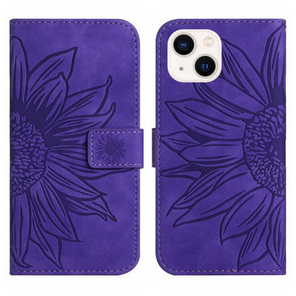 For iPhone 15 Skin Feel Sun Flower Embossed Flip Leather Phone Case with Lanyard(Dark Purple) - iPhone 15 Cases by buy2fix | Online Shopping UK | buy2fix