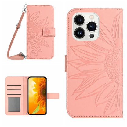 For iPhone 15 Pro Skin Feel Sun Flower Embossed Flip Leather Phone Case with Lanyard(Pink) - iPhone 15 Pro Cases by buy2fix | Online Shopping UK | buy2fix