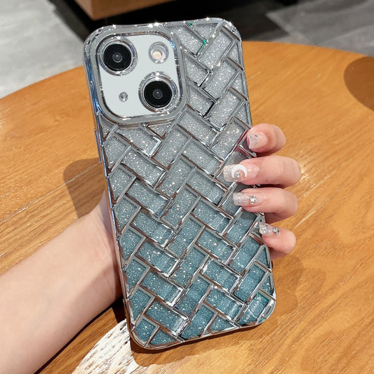 For iPhone 14 Woven Grid 3D Electroplating Laser Engraving Glitter Paper Phone Case(Silver) - iPhone 14 Cases by buy2fix | Online Shopping UK | buy2fix