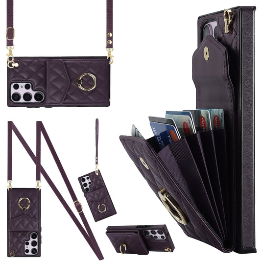 For Samsung Galaxy S23 Ultra 5G Rhombic Texture Card Bag Phone Case with Long Lanyard(Dark Purple) - Galaxy S23 Ultra 5G Cases by buy2fix | Online Shopping UK | buy2fix