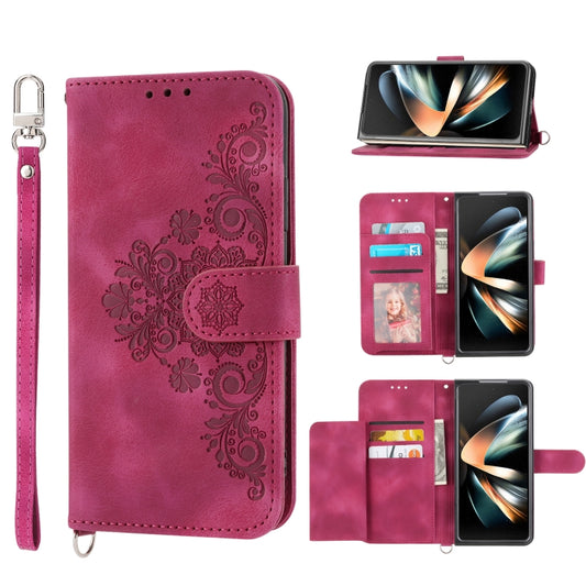 For Samsung Galaxy Z Fold5 Skin Feel Flowers Embossed Wallet Leather Phone Case(Wine Red) - Galaxy Z Fold5 Cases by buy2fix | Online Shopping UK | buy2fix