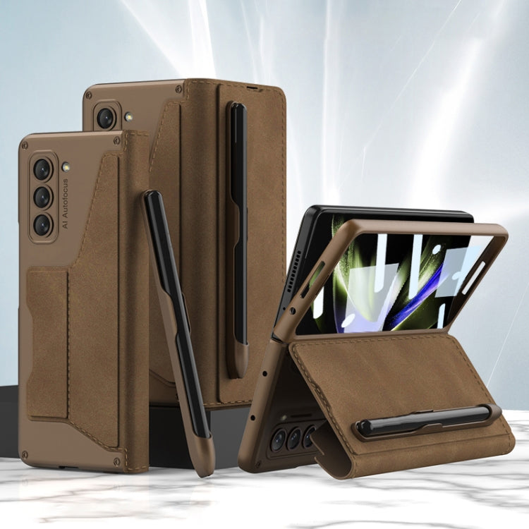 For Samsung Galaxy Z Fold5 5G GKK Screen Tempered Glass Film Armor Flip Leather Case with Pen Slot(Brown) - Galaxy Z Fold5 Cases by GKK | Online Shopping UK | buy2fix