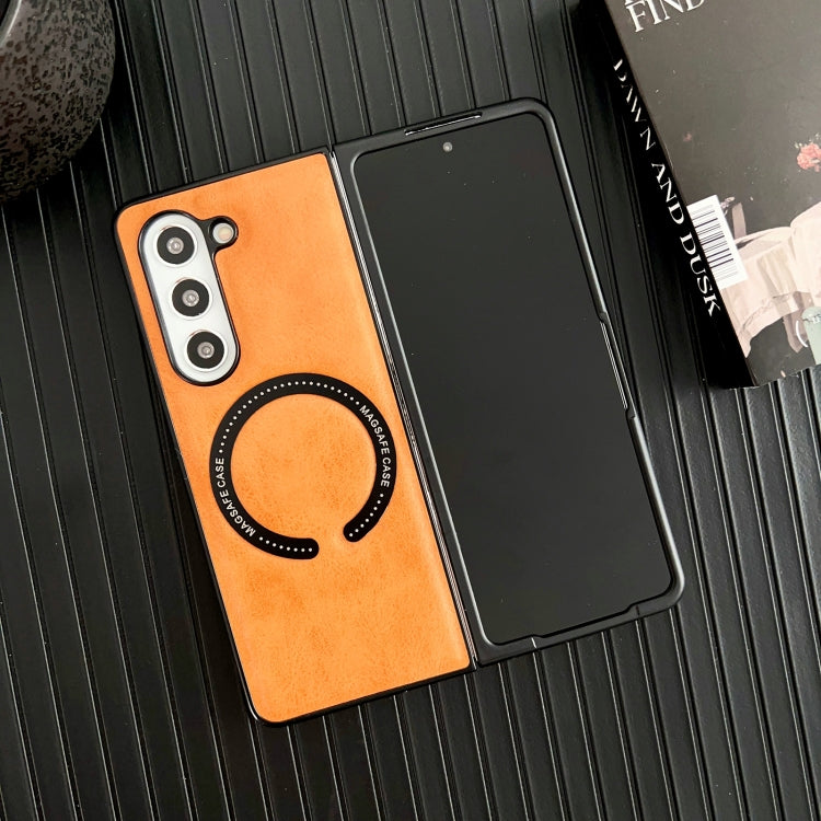 For Samsung Galaxy Z Fold5 Crazy Horse Texture Magnetic Magsafe PU Phone Case(Orange) - Galaxy Z Fold5 Cases by buy2fix | Online Shopping UK | buy2fix