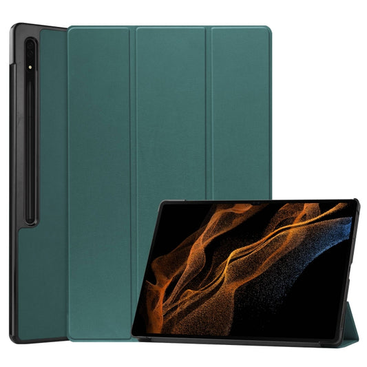For Samsung Galaxy Tab S9 Ultra / S8 Ultra Custer Pure Color 3-Fold Holder Smart Leather Tablet Case(Dark Green) - Other Galaxy Tab PC by buy2fix | Online Shopping UK | buy2fix