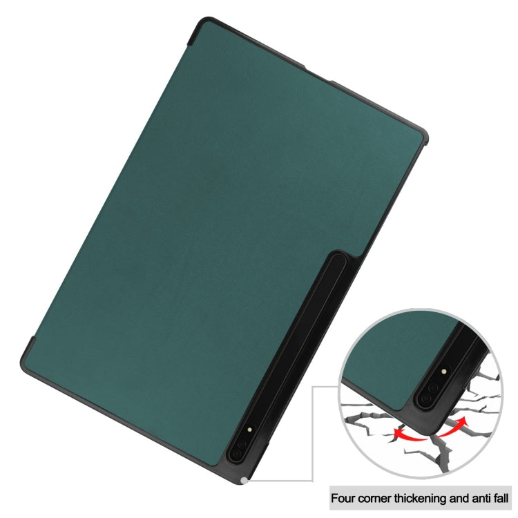 For Samsung Galaxy Tab S9 Ultra / S8 Ultra Custer Pure Color 3-Fold Holder Smart Leather Tablet Case(Dark Green) - Other Galaxy Tab PC by buy2fix | Online Shopping UK | buy2fix