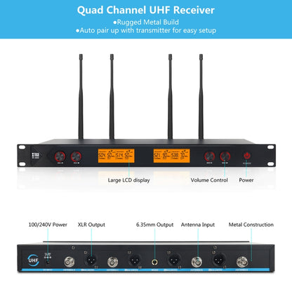 XTUGA A400-HB Professional 4-Channel UHF Wireless Microphone System with 2 Handheld & 2 Headset Microphone(US Plug) - Microphone by XTUGA | Online Shopping UK | buy2fix