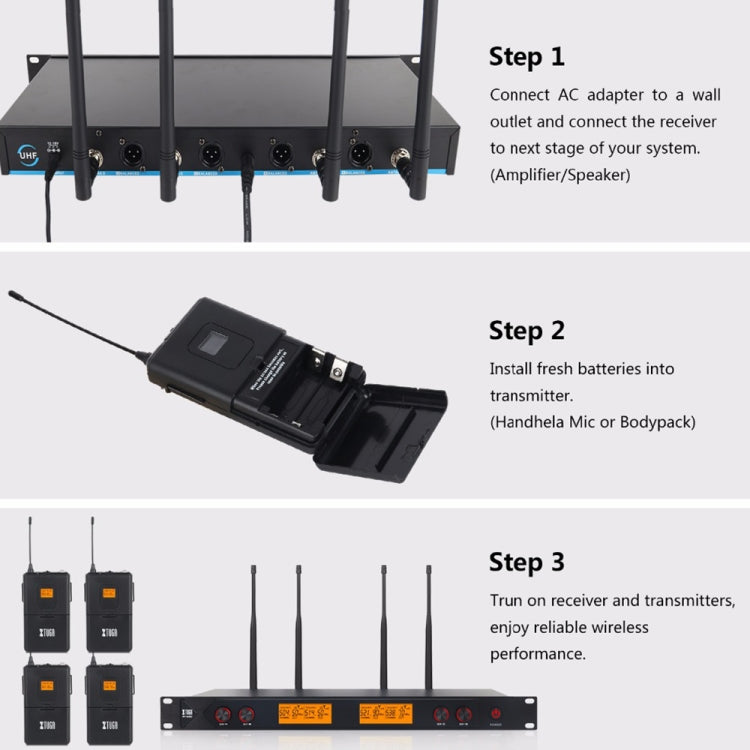 XTUGA A400-HB Professional 4-Channel UHF Wireless Microphone System with 2 Handheld & 2 Headset Microphone(US Plug) - Microphone by XTUGA | Online Shopping UK | buy2fix