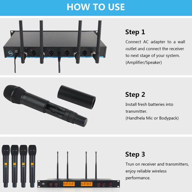 XTUGA A400-H Professional 4-Channel UHF Wireless Microphone System with 4 Handheld Microphone(UK Plug) - Microphone by XTUGA | Online Shopping UK | buy2fix