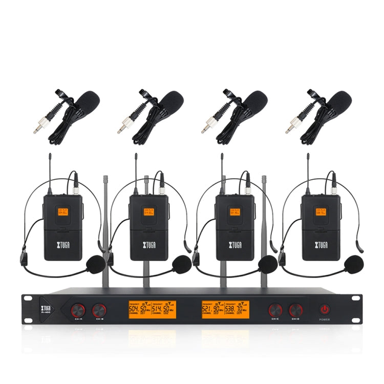 XTUGA A400-B Professional 4-Channel UHF Wireless Microphone System with 4 BodyPack Lavalier Headset Microphone(AU Plug) - Microphone by XTUGA | Online Shopping UK | buy2fix