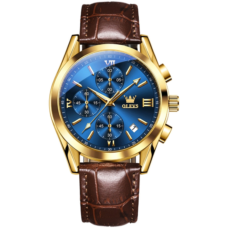 OLEVS 2872 Men Three Eyes Six Needles Chronograph Waterproof Quartz Watch(Blue + Gold) - Leather Strap Watches by OLEVS | Online Shopping UK | buy2fix