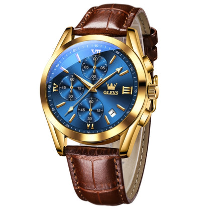 OLEVS 2872 Men Three Eyes Six Needles Chronograph Waterproof Quartz Watch(Blue + Gold) - Leather Strap Watches by OLEVS | Online Shopping UK | buy2fix