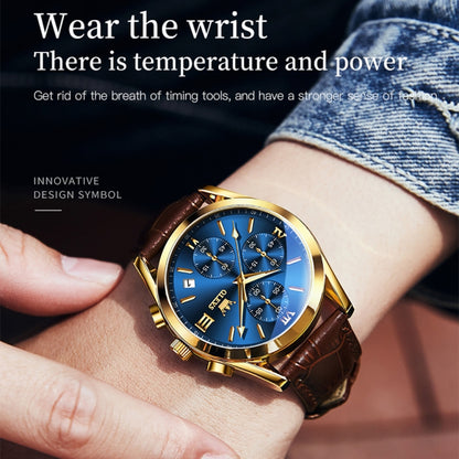 OLEVS 2872 Men Three Eyes Six Needles Chronograph Waterproof Quartz Watch(Blue + Gold) - Leather Strap Watches by OLEVS | Online Shopping UK | buy2fix