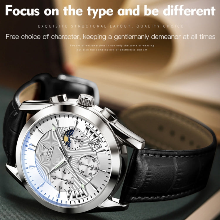 OLEVS 2876 Men Multifunctional Sports Chronograph Quartz Watch(White) - Leather Strap Watches by OLEVS | Online Shopping UK | buy2fix