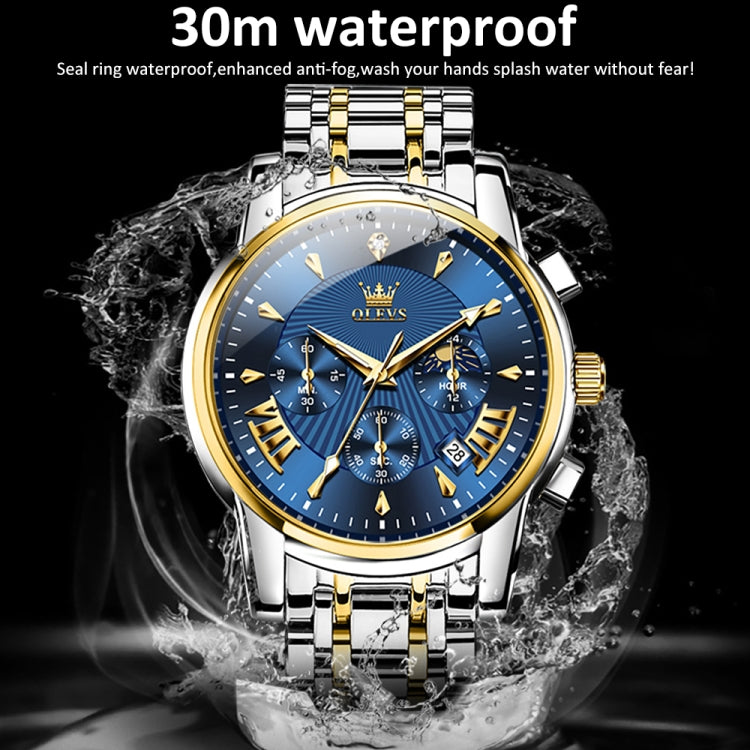 OLEVS 2892 Men Multifunctional Business Waterproof Quartz Watch(Blue + Gold) - Metal Strap Watches by OLEVS | Online Shopping UK | buy2fix