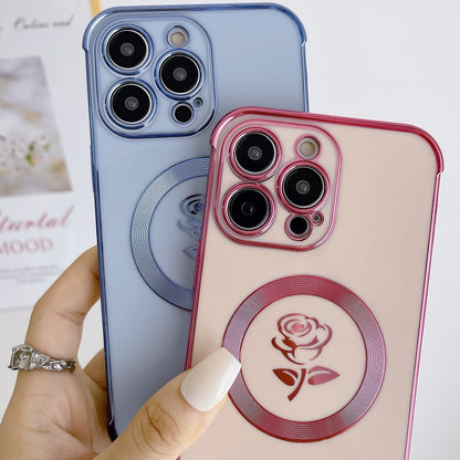 For iPhone 12 Pro Electroplate Side Roses Flower MagSafe Phone Case(White) - iPhone 12 / 12 Pro Cases by buy2fix | Online Shopping UK | buy2fix