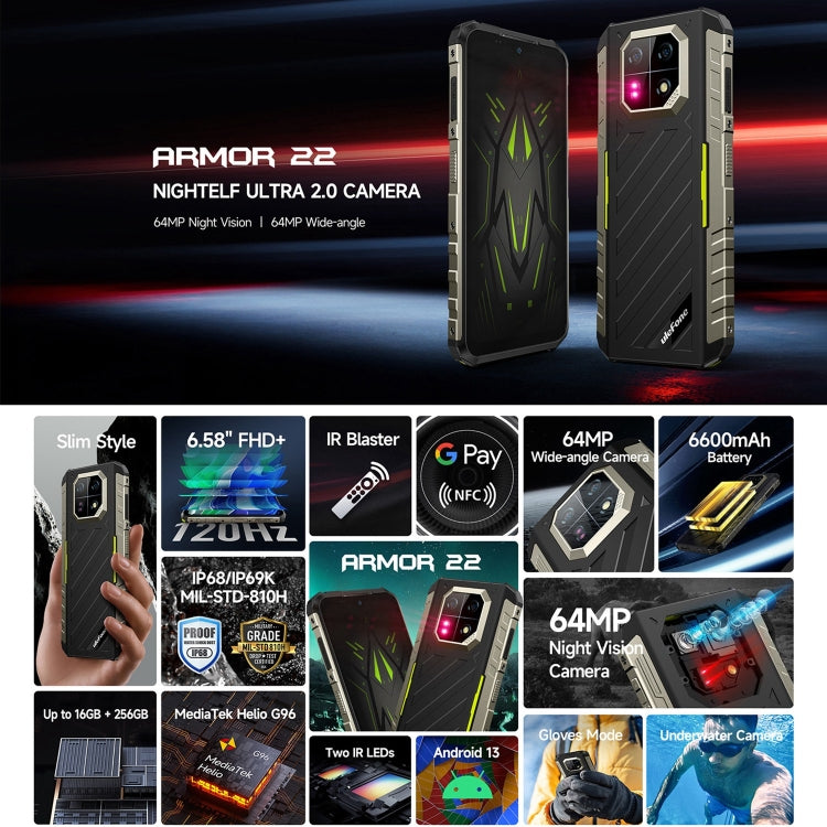 [HK Warehouse] Ulefone Armor 22, 8GB+128GB, IP68/IP69K Rugged Phone, 6.58 inch Android 13 MediaTek Helio G96 Octa Core, Network: 4G, NFC, OTG(All Black) - Ulefone by Ulefone | Online Shopping UK | buy2fix