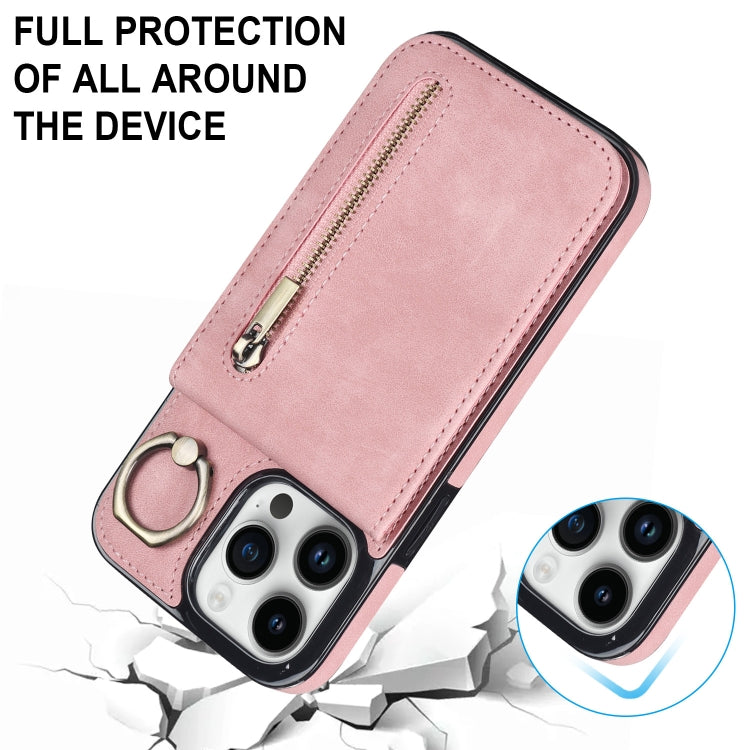 For iPhone 15 Pro Max Retro Ring and Zipper RFID Card Slot Phone Case(Pink) - iPhone 15 Pro Max Cases by buy2fix | Online Shopping UK | buy2fix