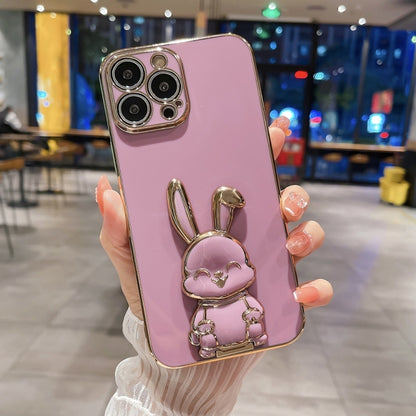 For iPhone 15 Pro Max Plating Rabbit Holder Phone Case(Rose Red) - iPhone 15 Pro Max Cases by buy2fix | Online Shopping UK | buy2fix