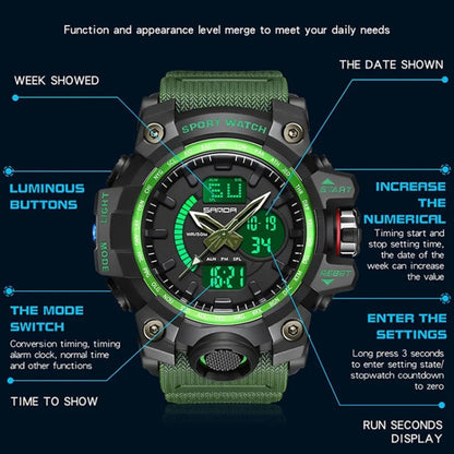 SANDA 3132 Men Multifunctional Waterproof Luminous Sports Watch(Black Green) - Silicone Strap Watches by SANDA | Online Shopping UK | buy2fix