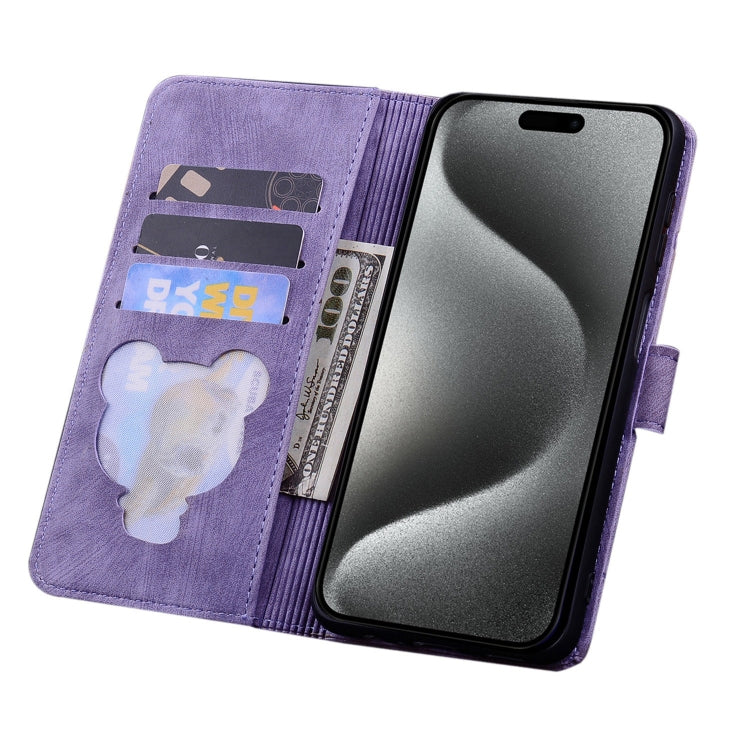 For iPhone 15 Pro Max Cartoon Sakura Cat Embossed Leather Phone Case(Purple) - iPhone 15 Pro Max Cases by buy2fix | Online Shopping UK | buy2fix