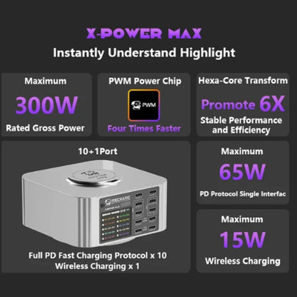 Mechanic X-Power Series Multiport Digital Display USB Charger Station with Wireless Charging, Total Power:300W(US Plug) - Dock Charger by MECHANIC | Online Shopping UK | buy2fix