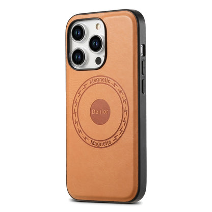 For iPhone 14 Plus Denior Cowhide Texture Leather MagSafe Phone Case(Khaki) - iPhone 14 Plus Cases by Denior | Online Shopping UK | buy2fix