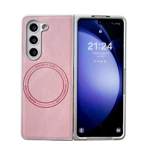 For Samsung Galaxy Z Fold5 Skin Feel Leather Texture MagSafe Pearlescent Paint Shockproof Phone Case(Pink) - Galaxy Z Fold5 Cases by buy2fix | Online Shopping UK | buy2fix