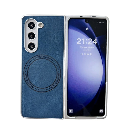 For Samsung Galaxy Z Fold5 Skin Feel Leather Texture MagSafe Pearlescent Paint Shockproof Phone Case(Blue) - Galaxy Z Fold5 Cases by buy2fix | Online Shopping UK | buy2fix